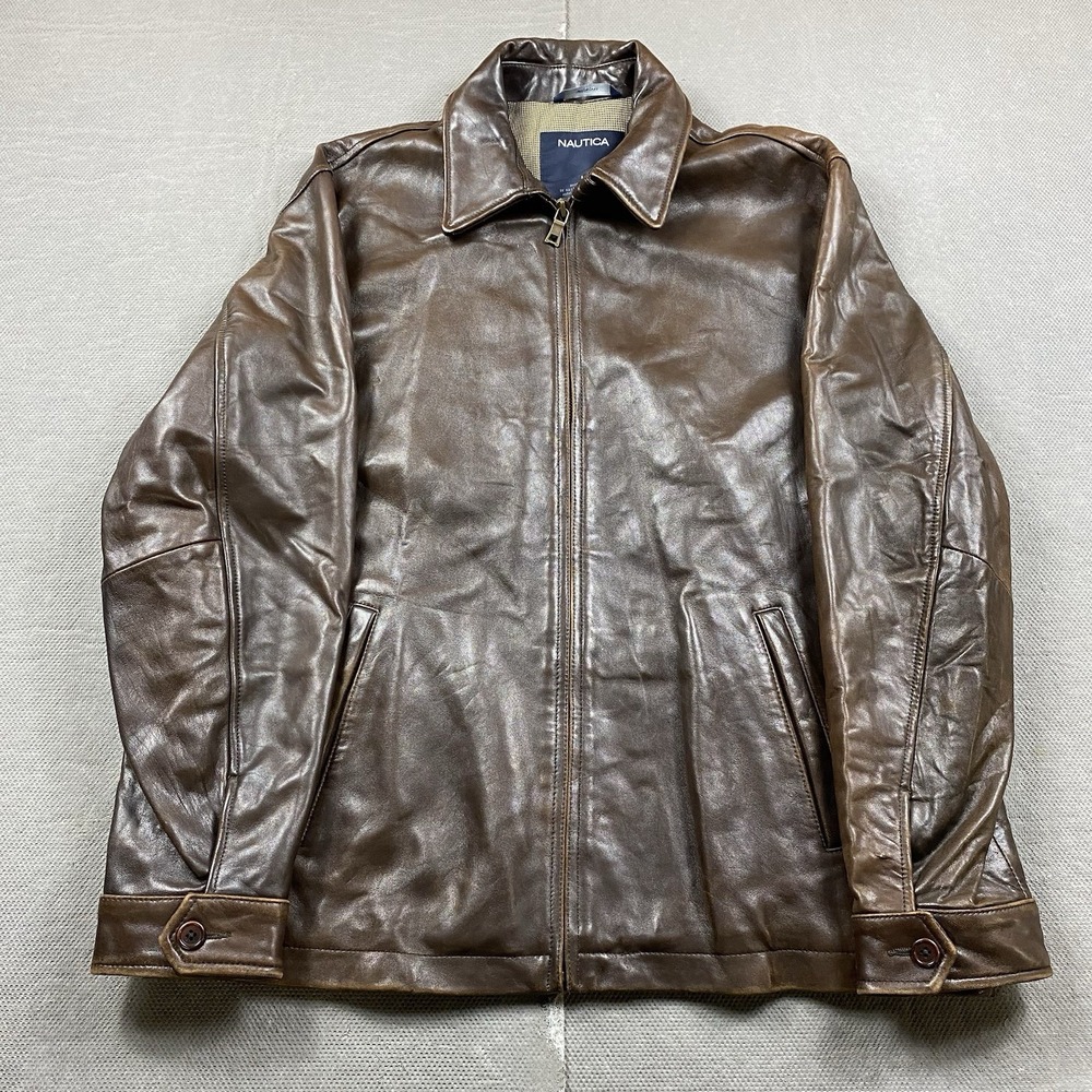 Vintage Nautica Leather Bomber Jacket Mens Large Brown Lined Soft Zip Up Preppy